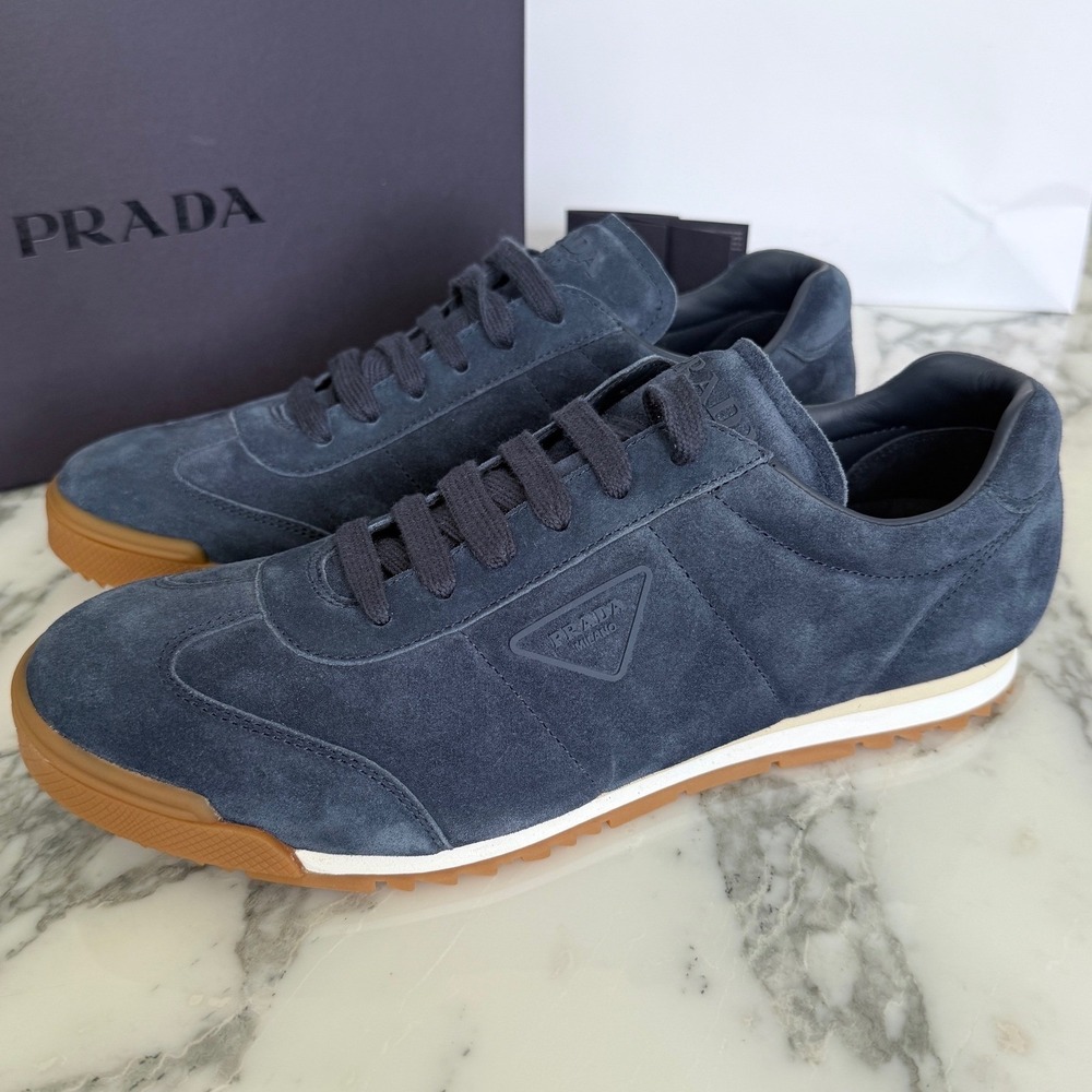 Prada Men Navy Blue Suede Low Top Sneakers Gum Sole Triangle Logo 2EG486